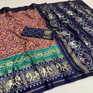 Mauve & Blue Patola Printed Dola Silk Saree