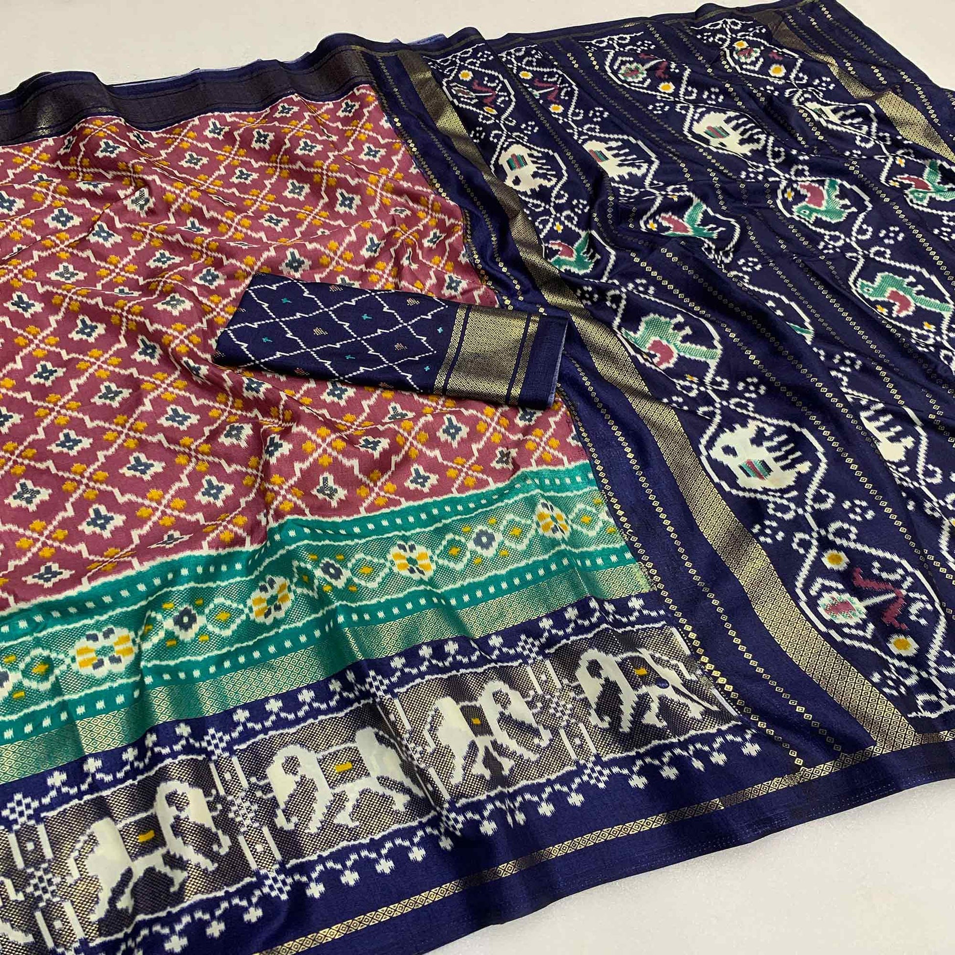 Mauve & Blue Patola Printed Dola Silk Saree