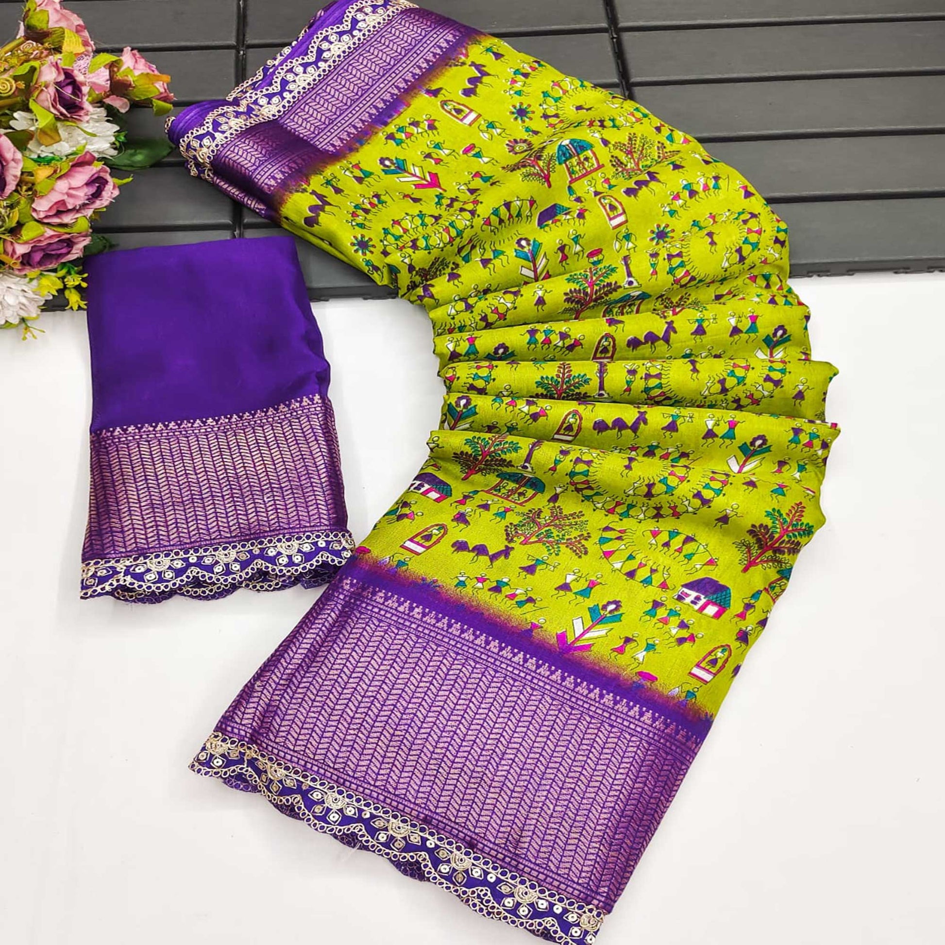 green-warli-printed-dola-silk-saree-with-zari-border-1
