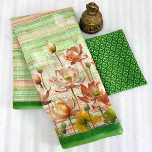 green-floral-printed-linen-saree-2
