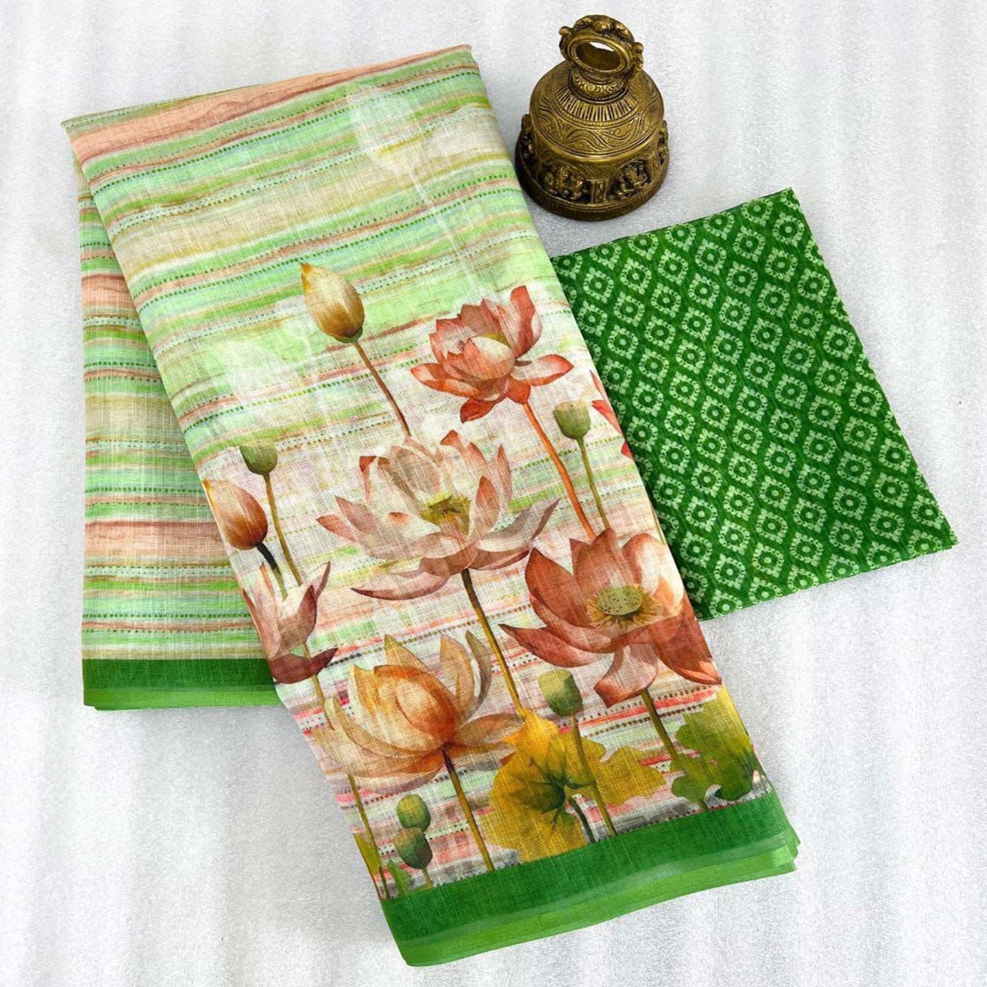 green-floral-printed-linen-saree-2