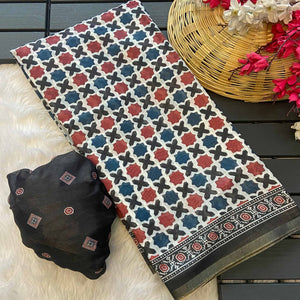 Multicolor Geometric Printed Linen Saree With Zari Border