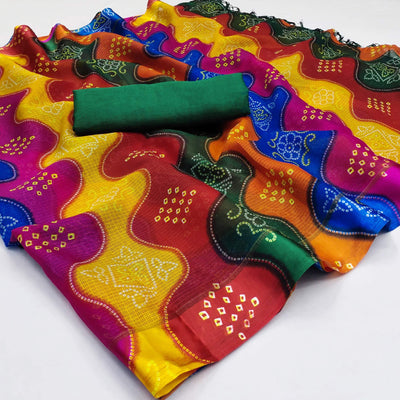 Multicolor Bandhani Printed Georgette Saree With Tassels