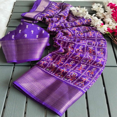 Lavender Printed Dola Silk Saree With Zari Border