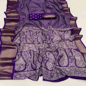Lavender Printed Dola Silk Saree With Zari Border