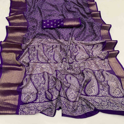Lavender Printed Dola Silk Saree With Zari Border