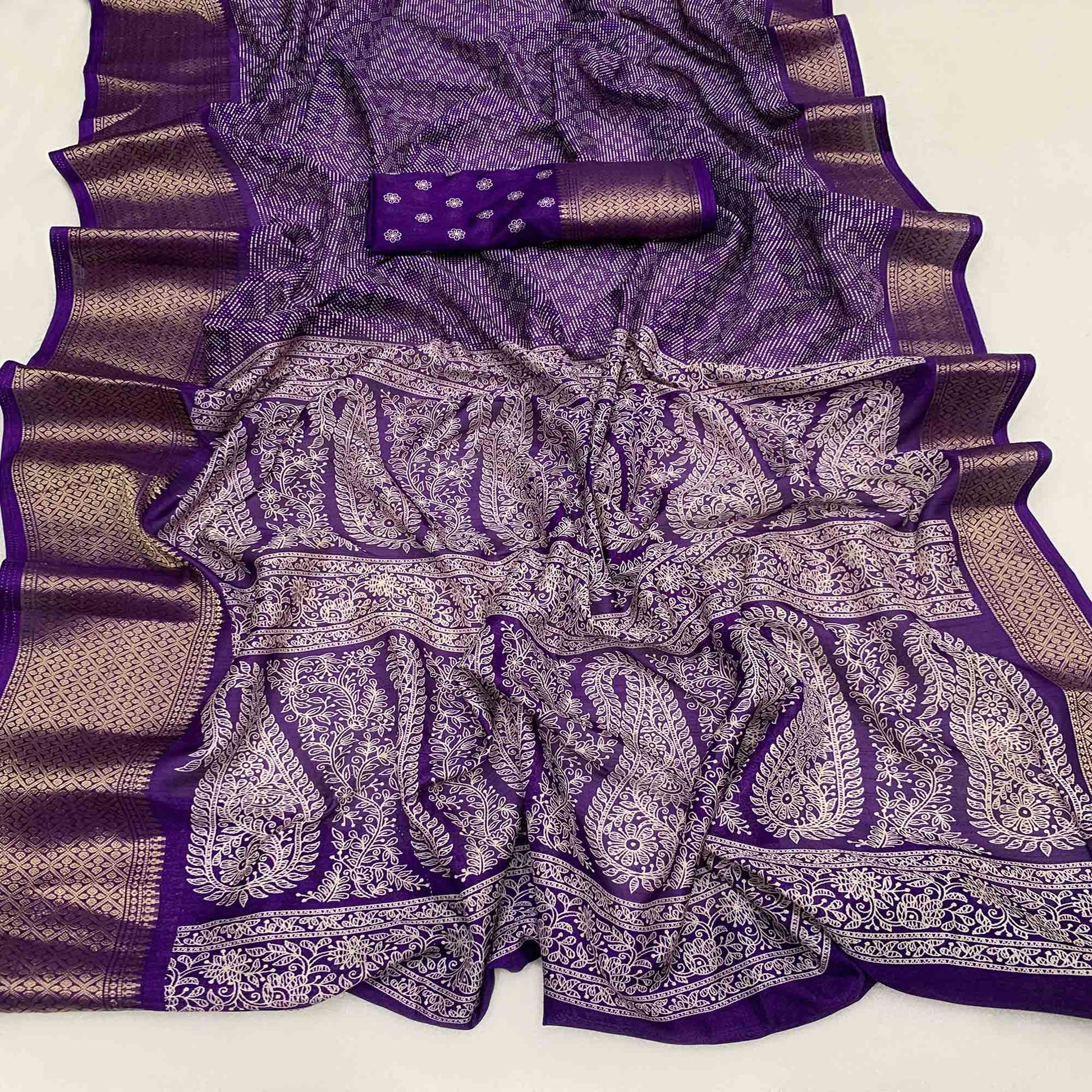 Lavender Printed Dola Silk Saree With Zari Border