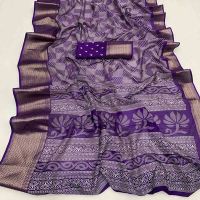 Lavender Printed Dola Silk Saree With Zari Border