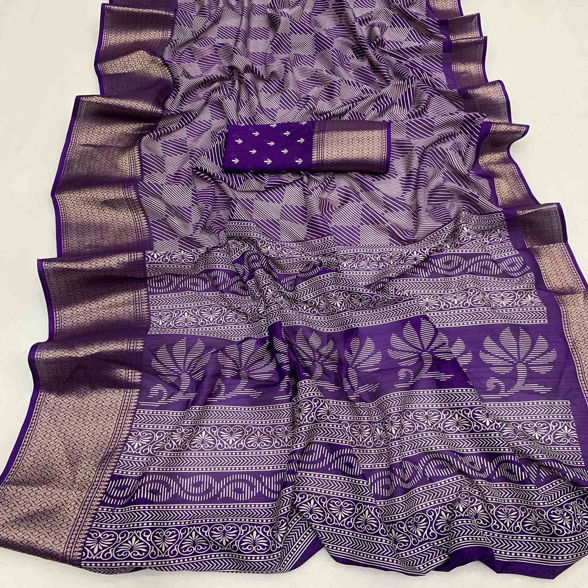 Lavender Printed Dola Silk Saree With Zari Border