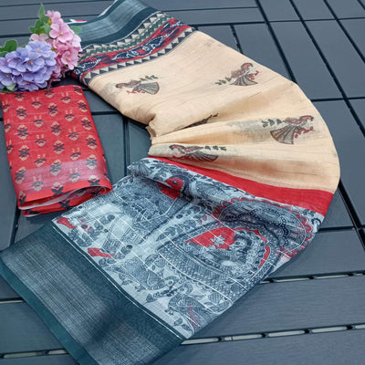 Cream Digital Printed With Zari Work Linen Cotton Saree