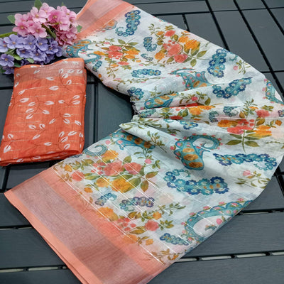 White & Peach Digital Printed With Zari Work Linen Cotton Saree