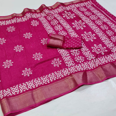 Magenta Printed With Sequins Work Dola Silk Saree