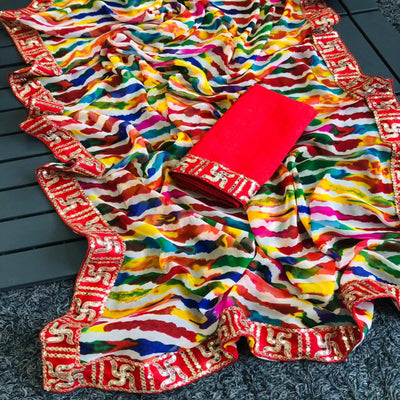 Multicolor Leheriya Printed Georgette Saree
