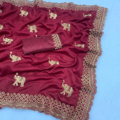 Maroon Embroidered Vichitra Silk Saree