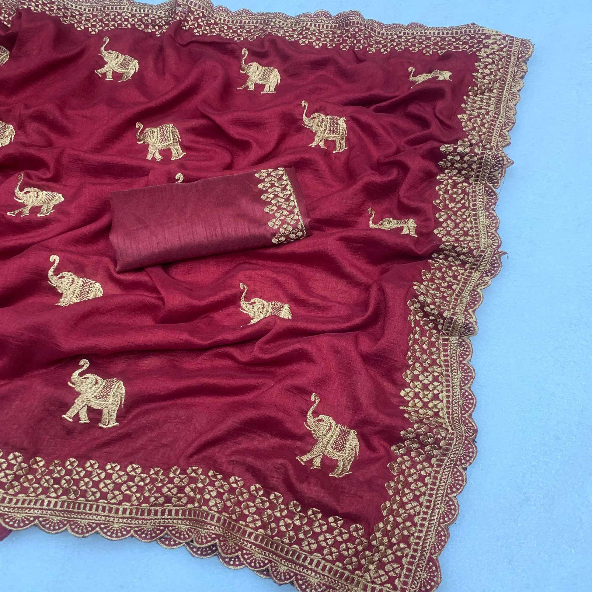 Maroon Embroidered Vichitra Silk Saree