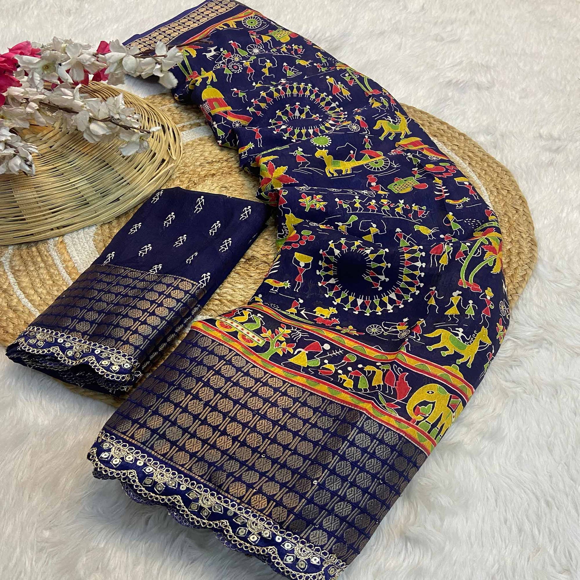 Blue Warli Printed Dola Silk Saree With Sequins Border