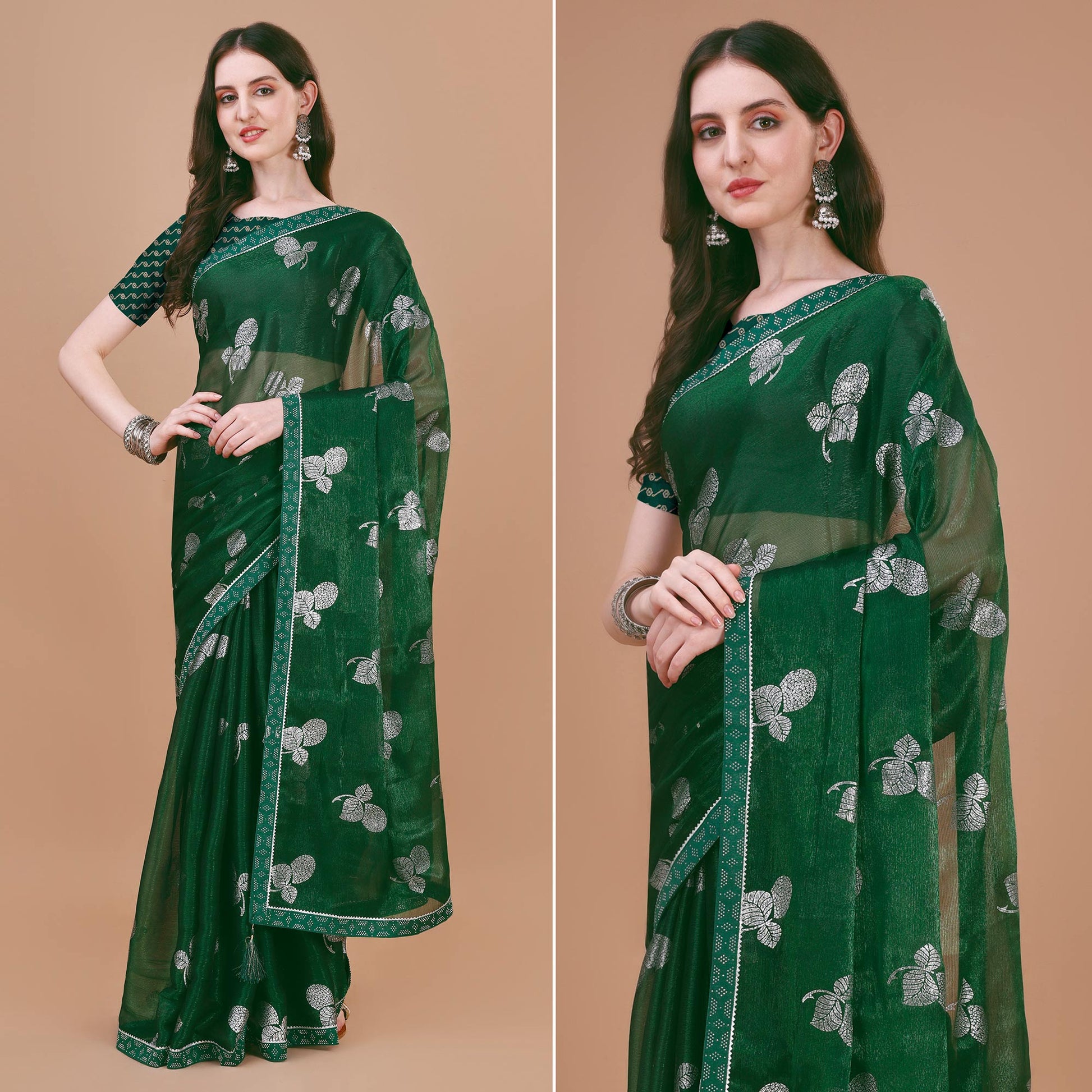 green-floral-foil-printed-chiffon-saree