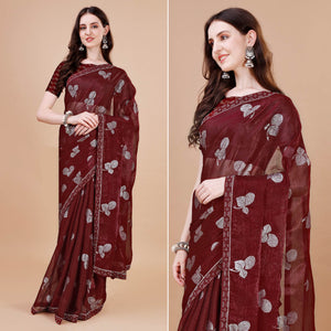 Maroon Floral Foil Printed Chiffon Saree