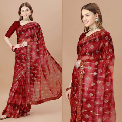 Maroon Foil Printed Lycra Saree With Lace Border