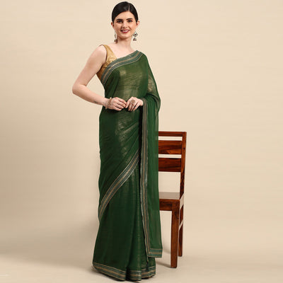 Mehandi Green Solid With Woven Border Chiffon Saree With Tassels