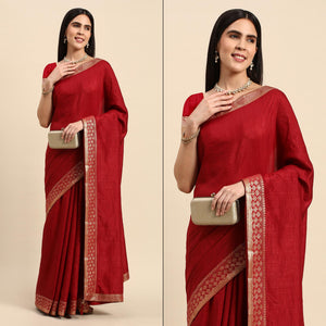 Maroon Solid Vichitra Silk Saree With Zari Border