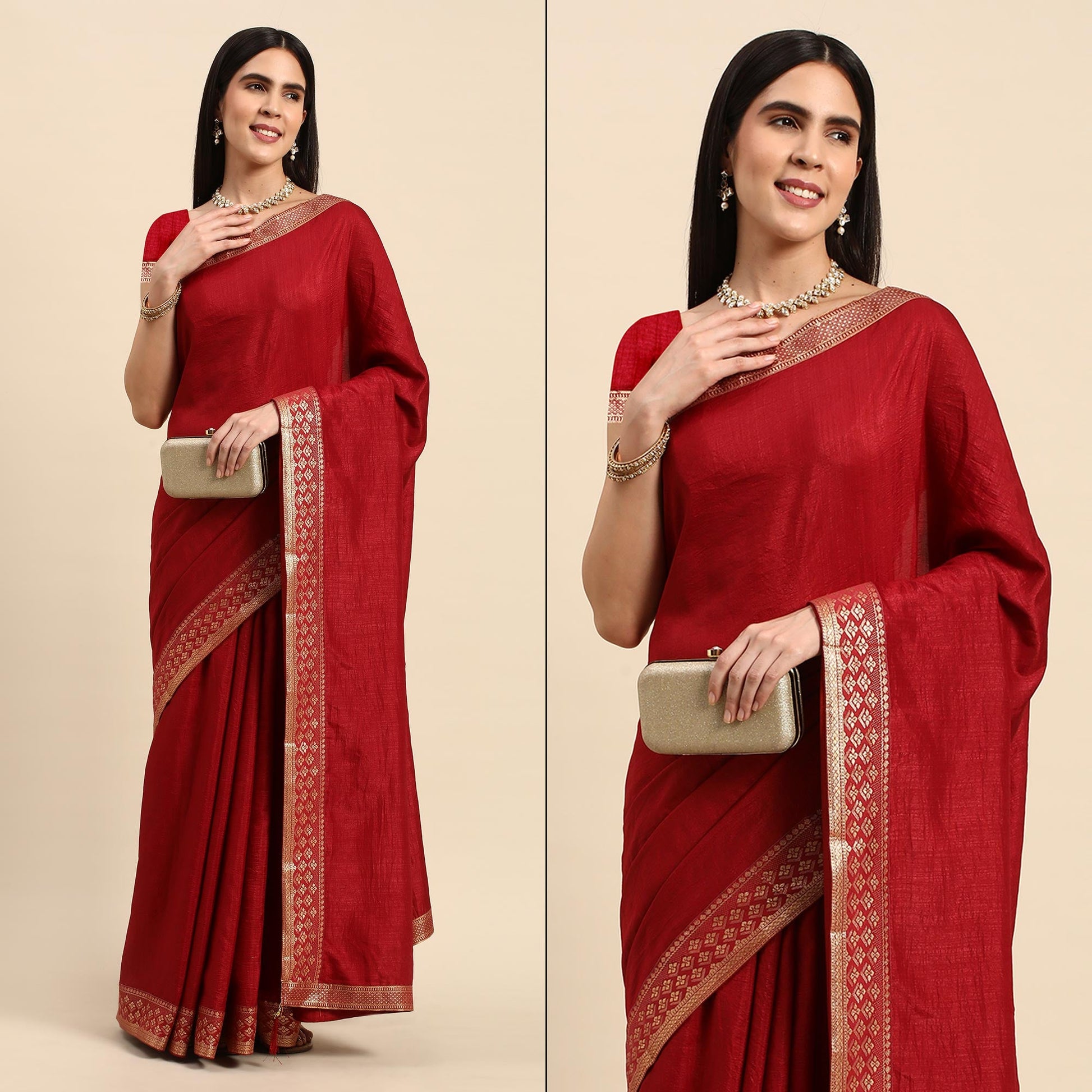 Maroon Solid Vichitra Silk Saree With Zari Border