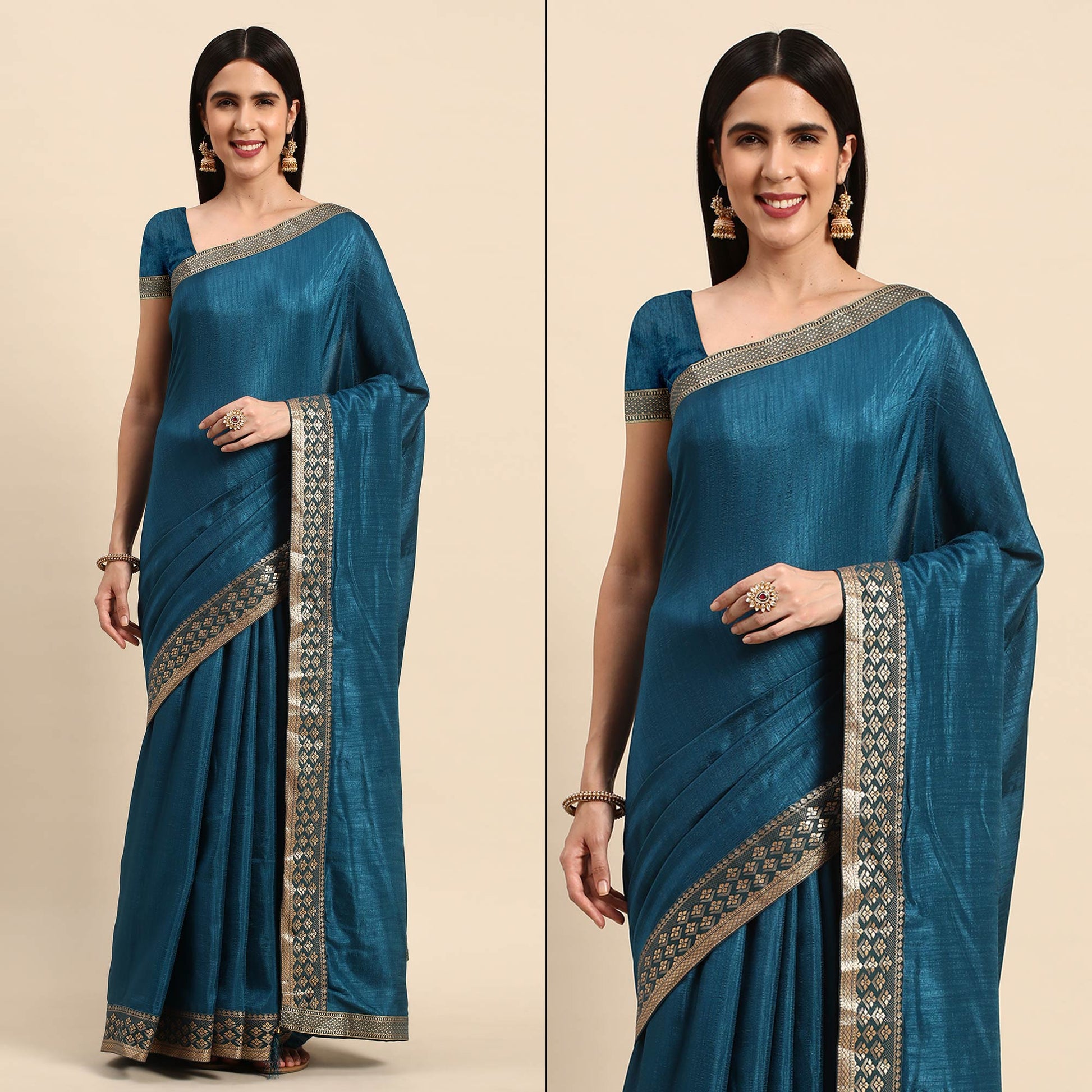 Blue Solid Vichitra Silk Saree With Zari Border