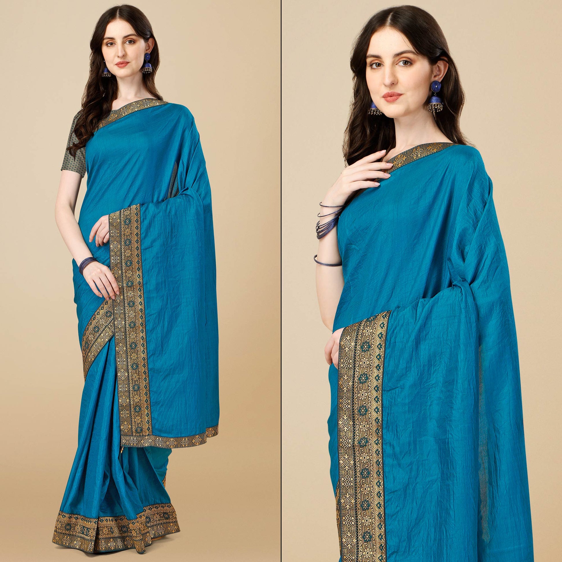 Blue Solid Vichitra Silk Saree