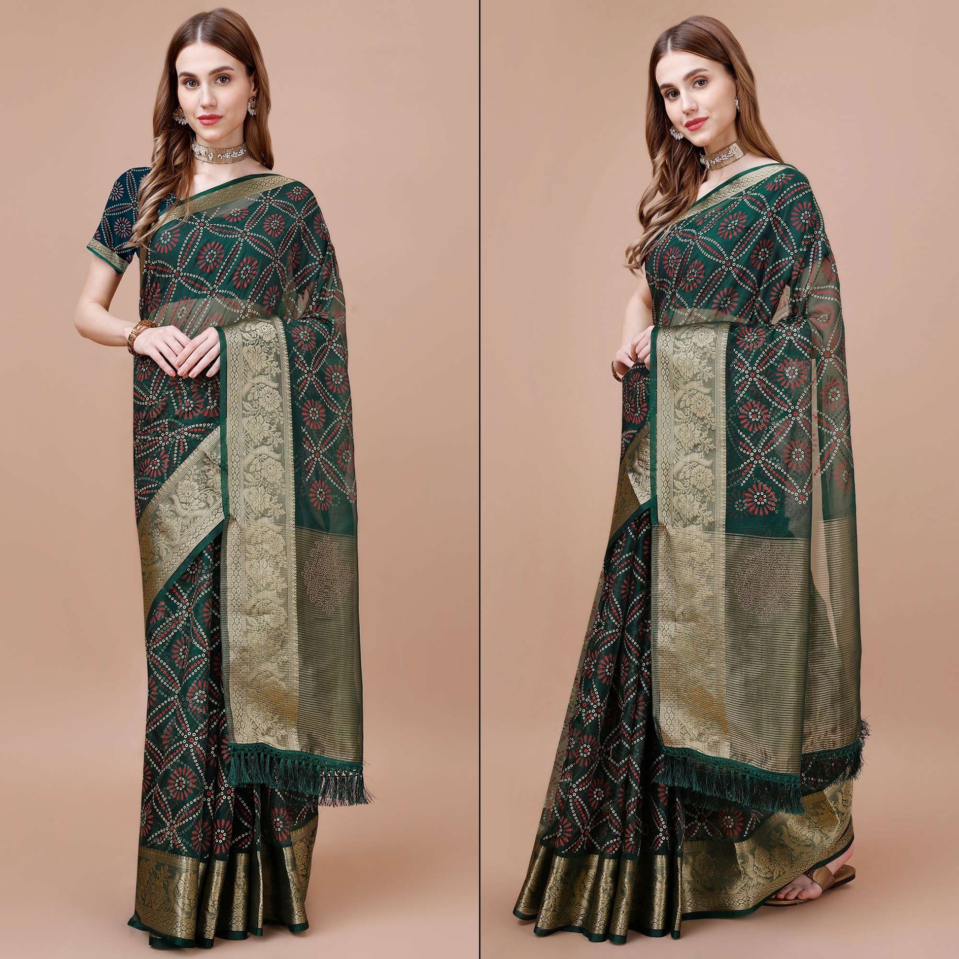 green-bandhani-printed-organza-saree-with-woven-border