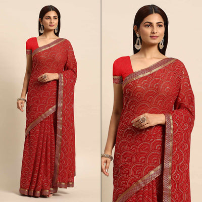 Maroon Foil Printed Chiffon Saree With Tassels