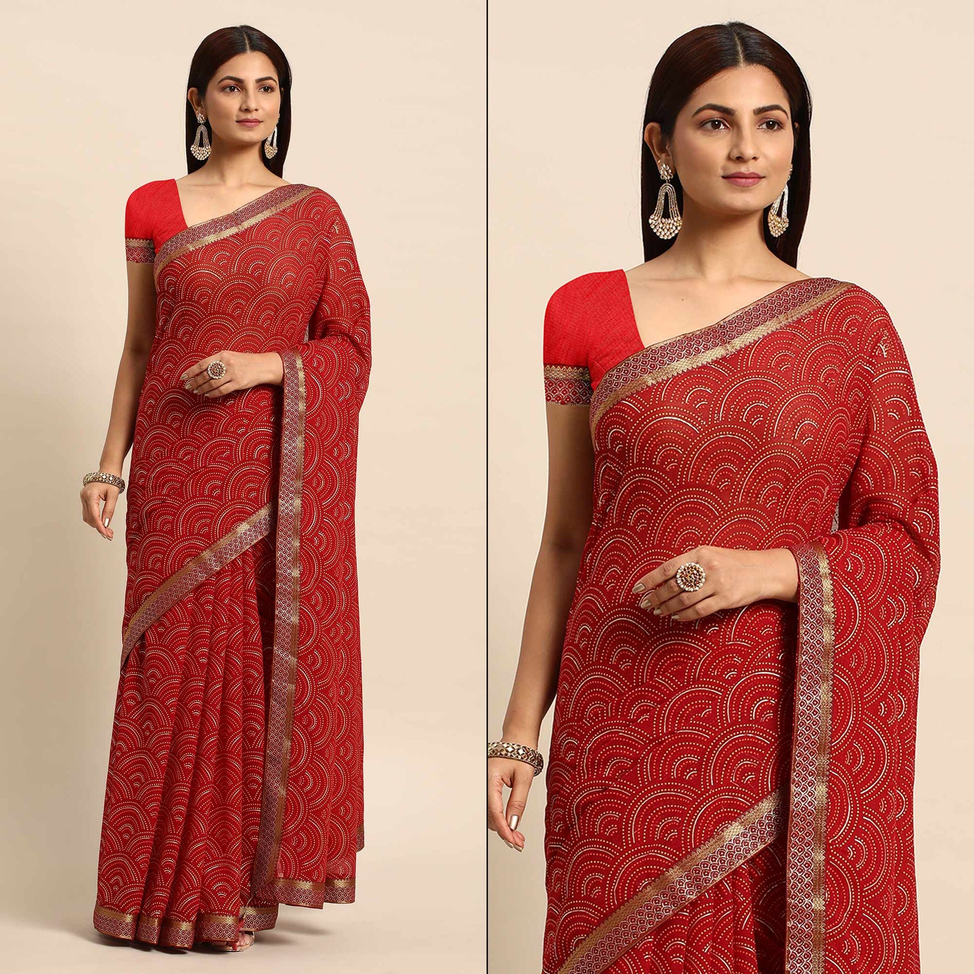 Maroon Foil Printed Chiffon Saree With Tassels