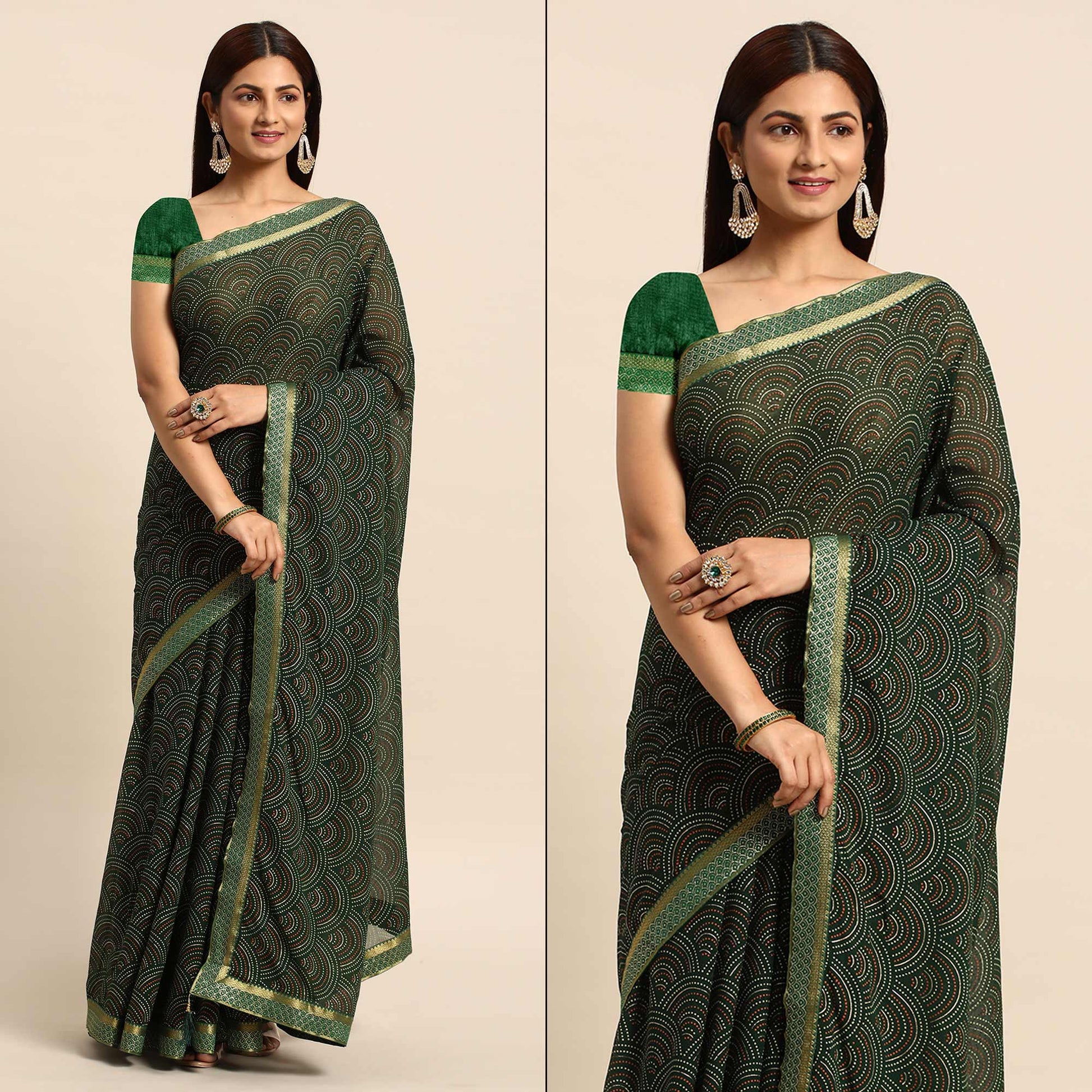 green-foil-printed-chiffon-saree-with-tassels