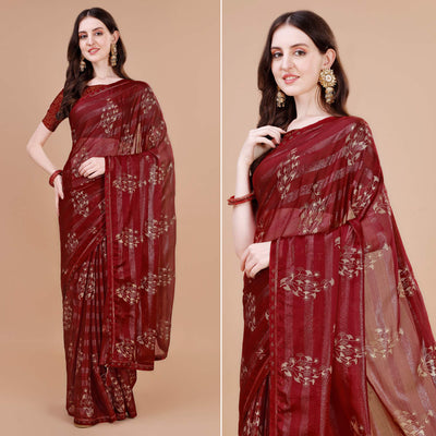 Maroon Foil Printed Chiffon Saree With Lace Border
