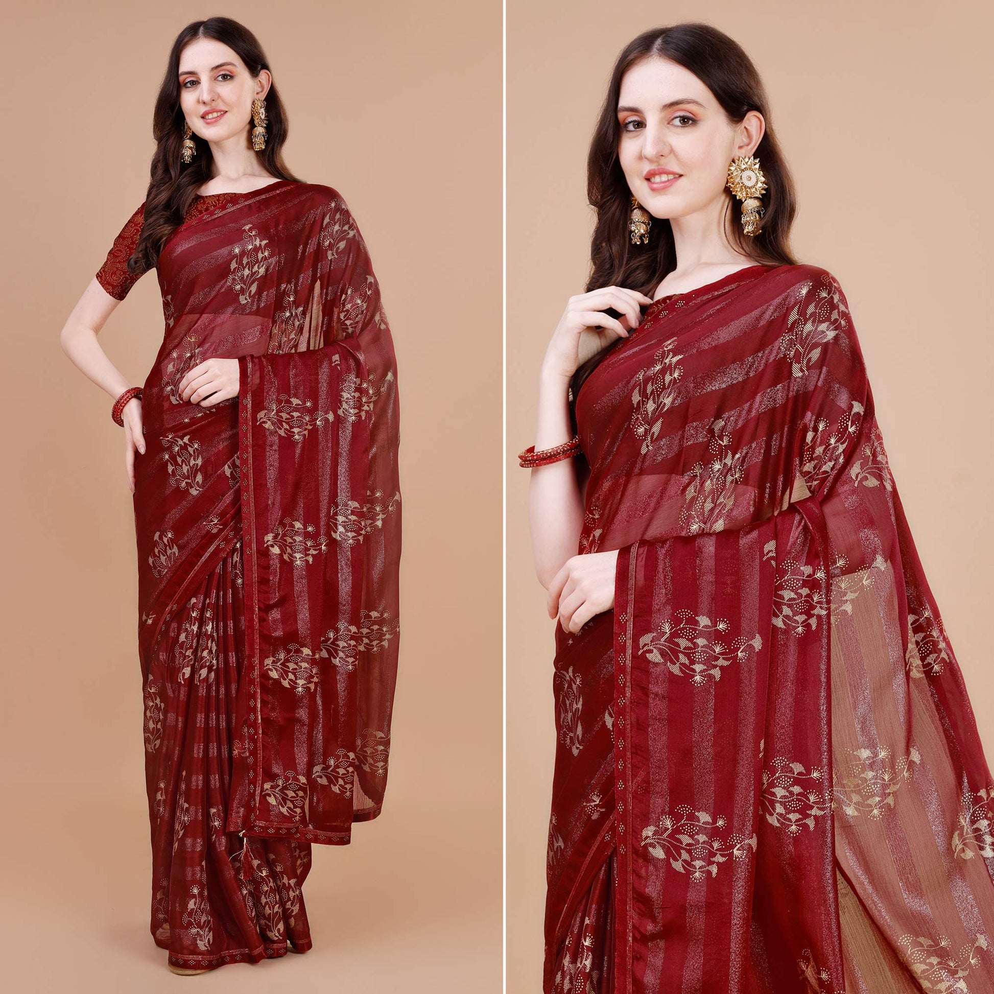 Maroon Foil Printed Chiffon Saree With Lace Border