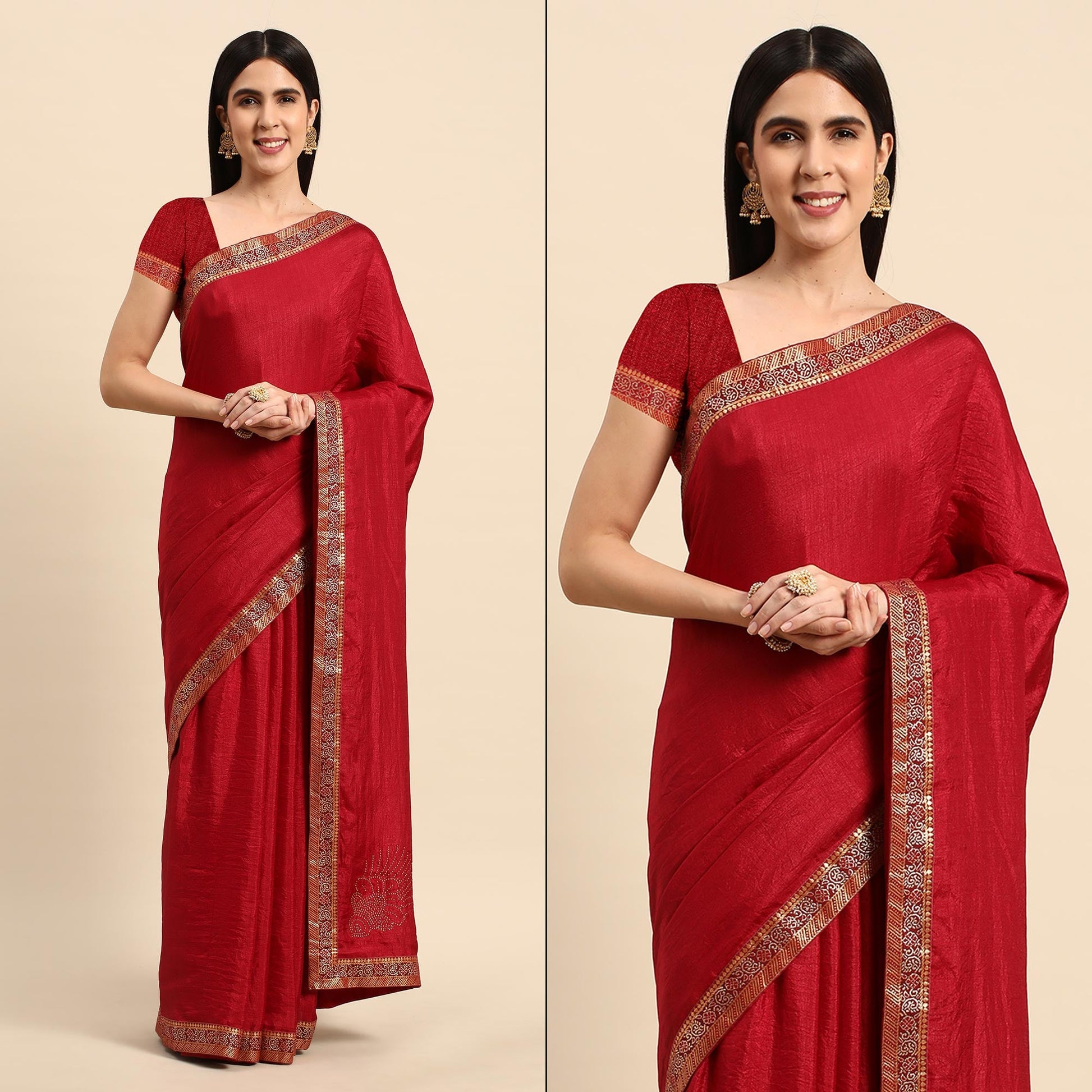 Maroon Swarovski Work Vichitra Silk Saree With Fancy Border
