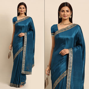 Blue Swarovski Work Vichitra Silk Saree With Fancy Border