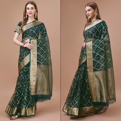 green-bandhani-printed-organza-saree-with-woven-border-2