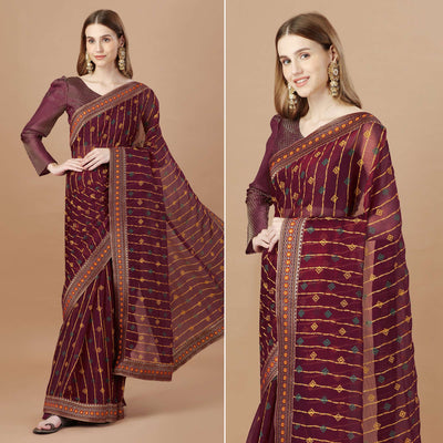 Maroon Foil Printed Chiffon Saree With Lace Border