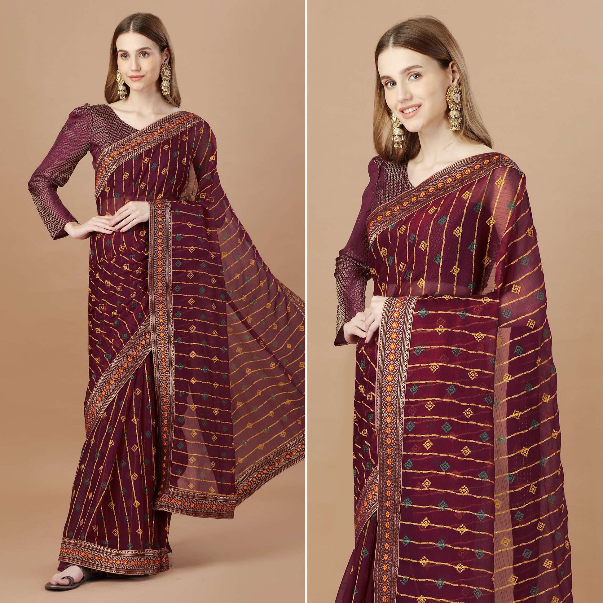 Maroon Foil Printed Chiffon Saree With Lace Border