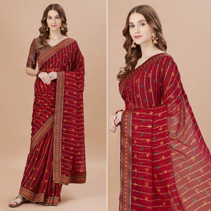 Maroon Foil Printed Chiffon Saree With Lace Border