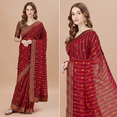 Maroon Foil Printed Chiffon Saree With Lace Border