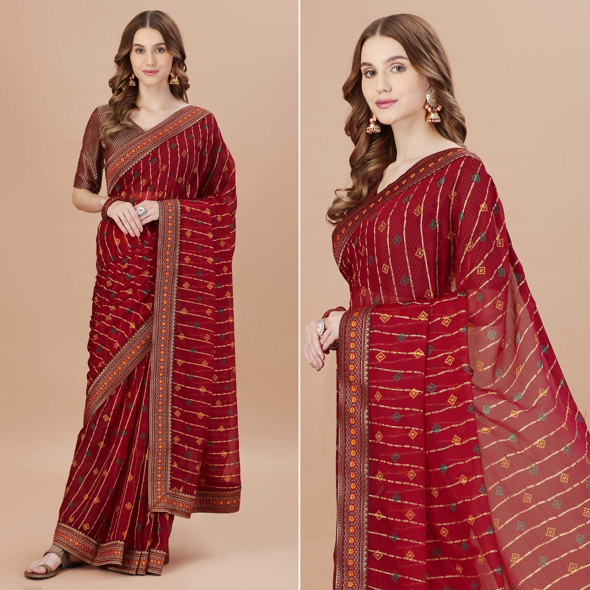 Maroon Foil Printed Chiffon Saree With Lace Border