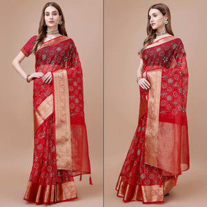 Dark Red Bandhani Printed Organza Saree With Woven Border