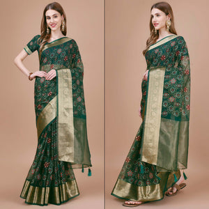 green-bandhani-printed-organza-saree-with-woven-border-1