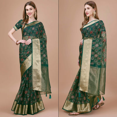 green-bandhani-printed-organza-saree-with-woven-border-1