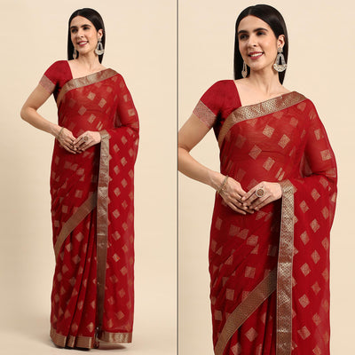 Maroon Foil Printed Chiffon Saree With Tassels