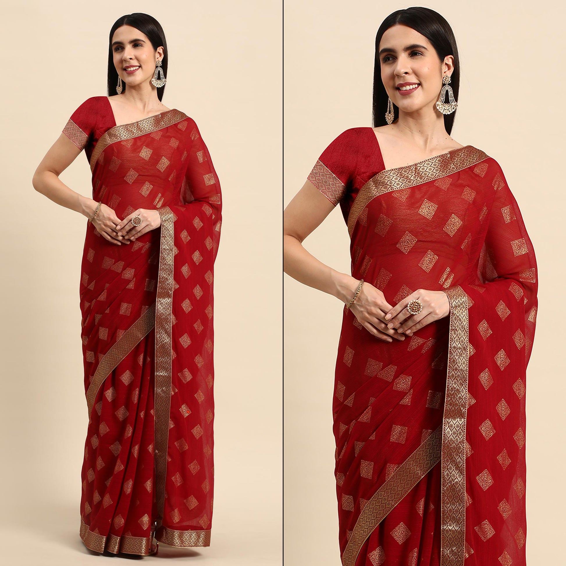Maroon Foil Printed Chiffon Saree With Tassels