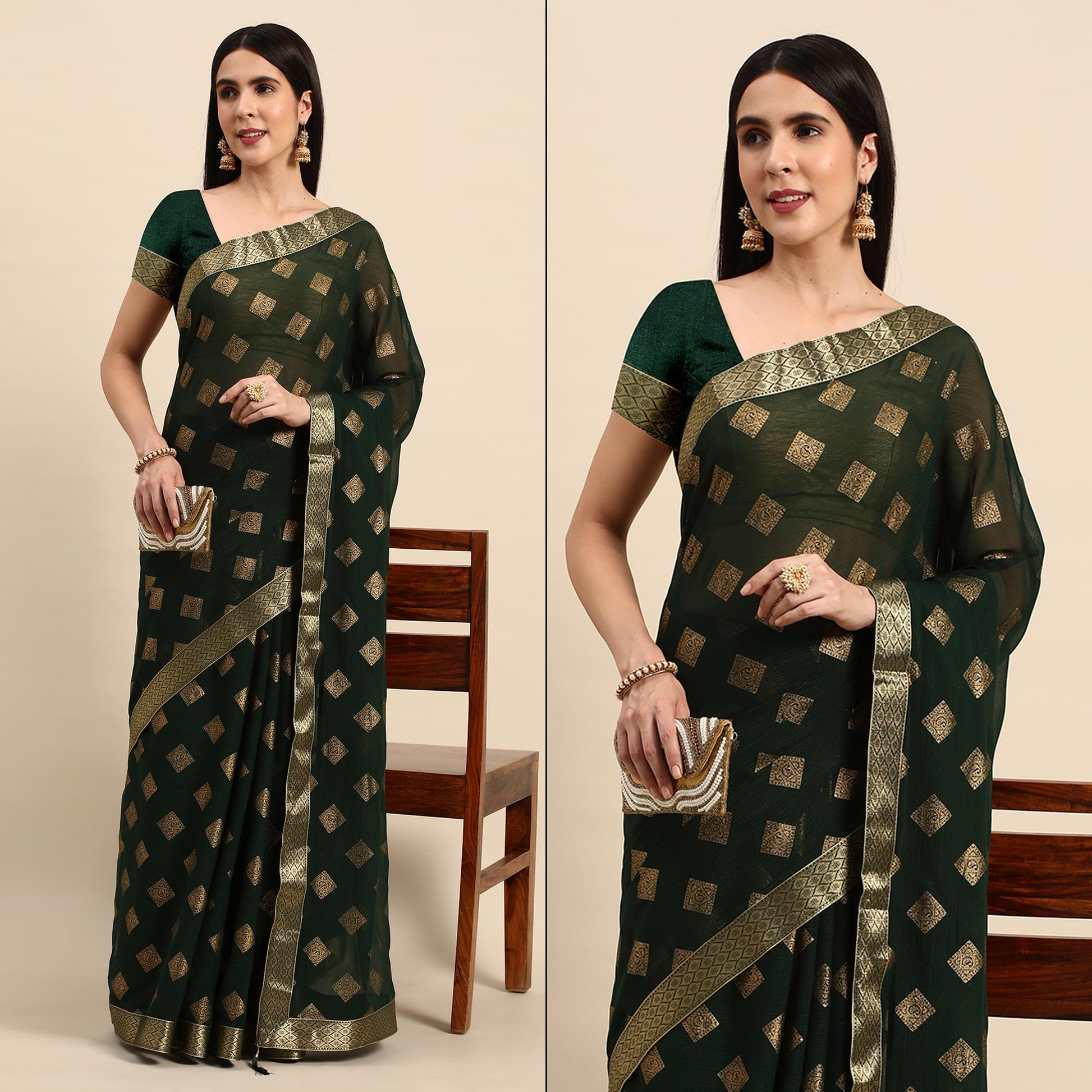 green-foil-printed-chiffon-saree-with-tassels-1