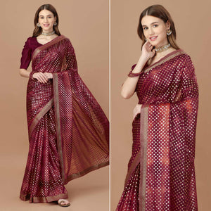 Maroon Foil Printed Lycra Saree With Lace Border