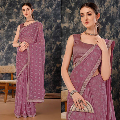 Mauve Printed Chiffon Saree With Lace Border